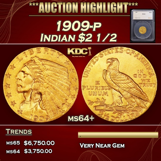 *Highlight* 1909-p Gold Indian Quarter Eagle $2 1/2 ms64+ SEGS (fc)