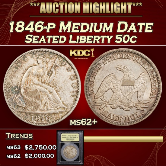 *Highlight* 1846-p Medium Date Seated Half Dollar 50c Select Unc USCG (fc)