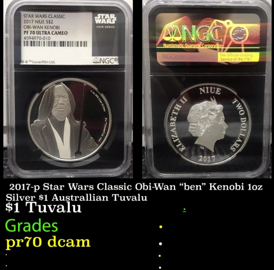 NGC  2017-p Star Wars Classic Obi-Wan "ben" Kenobi 1oz Silver $1 Australlian Tuvalu Proof pr70 dcam