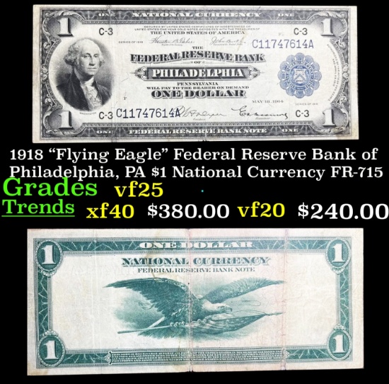 1918 "Flying Eagle" Federal Reserve Bank of Philadelphia, PA $1 National Currency Grades vf+ FR-715