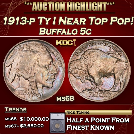 *Highlight* 1913-p Ty I Buffalo Nickel Near Top Pop!  5c ms68 SEGS (fc)