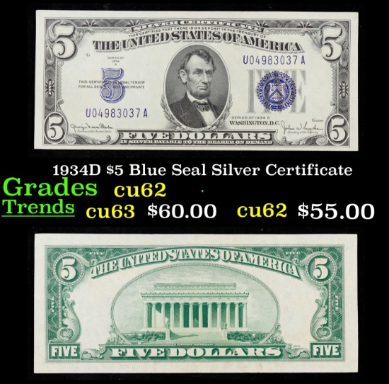 1934D $5 Blue Seal Silver Certificate Grades Select CU