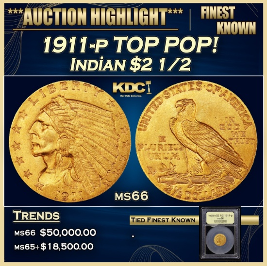 *Highlight* 1911-p Gold Indian Quarter Eagle TOP POP! $2 1/2 GEM+ Unc USCG (fc)