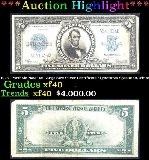 *Highlight* 1923 "Porthole Note" $5 Large Size Silver Certificate Grades xf Signatures Speelman/whit