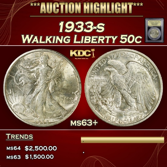 *Highlight* 1933-s Walking Liberty Half Dollar 50c Select+ Unc USCG (fc)