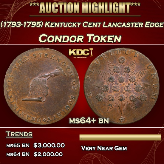 *Highlight* (1793-1795) Kentucky Cent Lancaster Edge Condor Token ms64+ bn SEGS (fc)