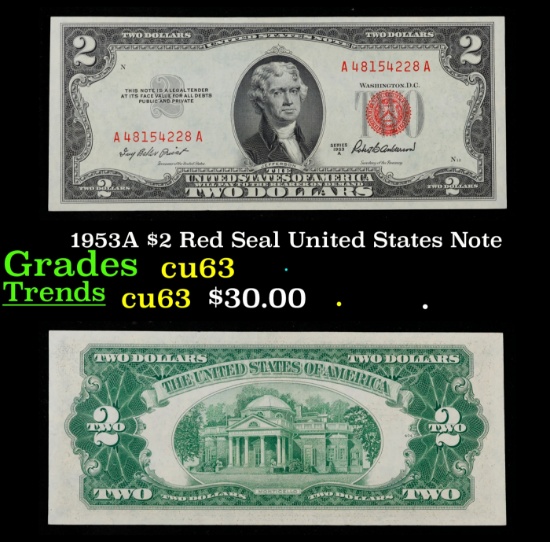 1953A $2 Red Seal United States Note Grades Select CU