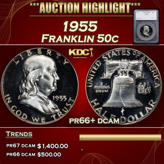 *Highlight* 1955 Proof Franklin Half Dollar 50c pr66+ dcam SEGS (fc)