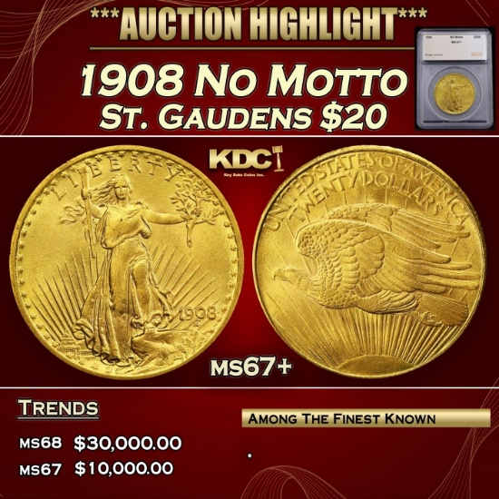 *Highlight* 1908 No Motto Gold St. Gaudens Double Eagle $20 ms67+ SEGS (fc)