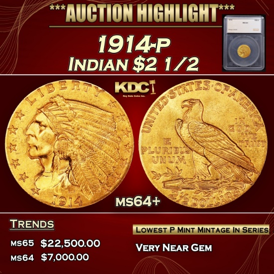 *Highlight* 1914-p Gold Indian Quarter Eagle $2 1/2 ms64+ SEGS (fc)