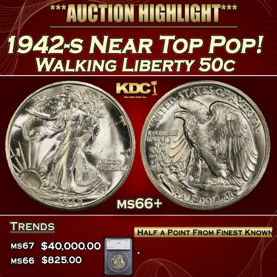 *Highlight* 1942-s Walking Liberty Half Dollar Near Top Pop! 50c ms66+ SEGS (fc)
