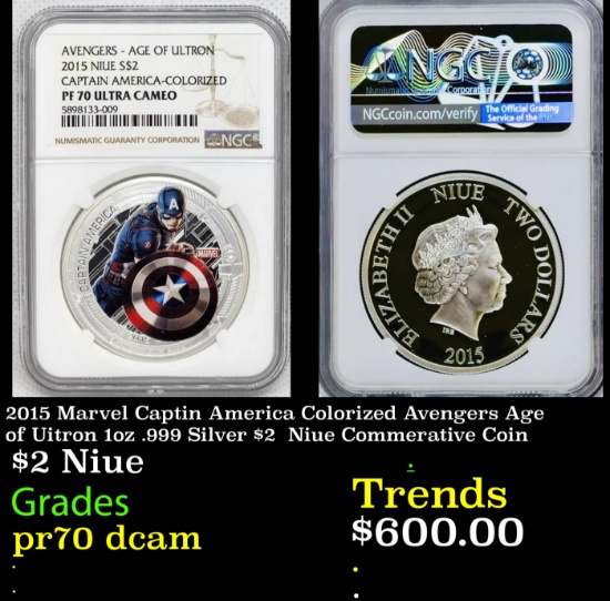 NGC  2015 Marvel Captin America Colorized Avengers Age of Uitron 1oz .999 Silver $2  Niue Commerativ