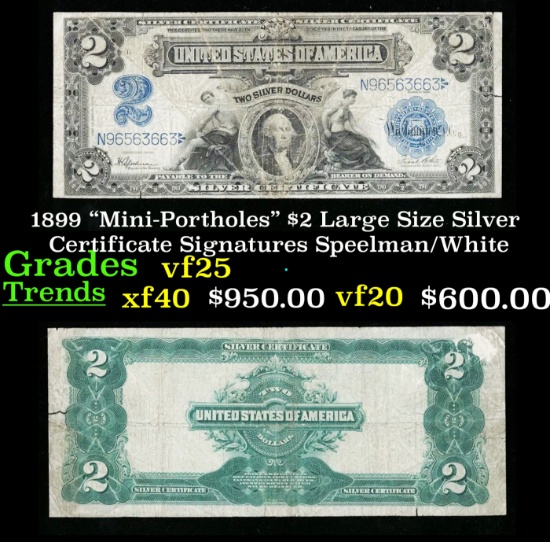 1899 "Mini-Portholes" $2 Large Size Silver Certificate Grades vf+ Signatures Speelman/White