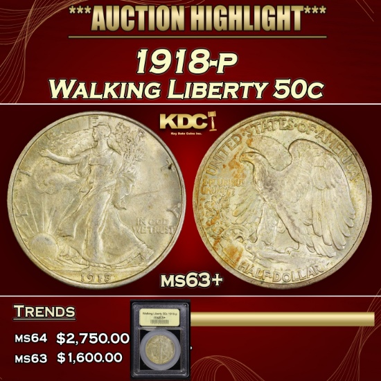 *Highlight* 1918-p Walking Liberty Half Dollar 50c Select+ Unc USCG (fc)