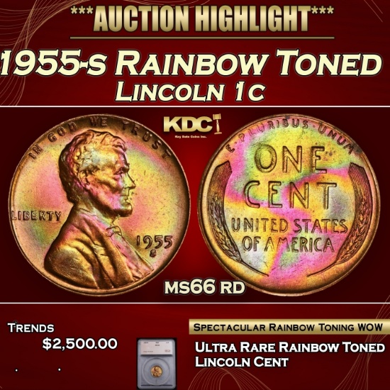*Highlight* 1955-s Lincoln Cent Rainbow Toned 1c ms66 rd SEGS (fc)