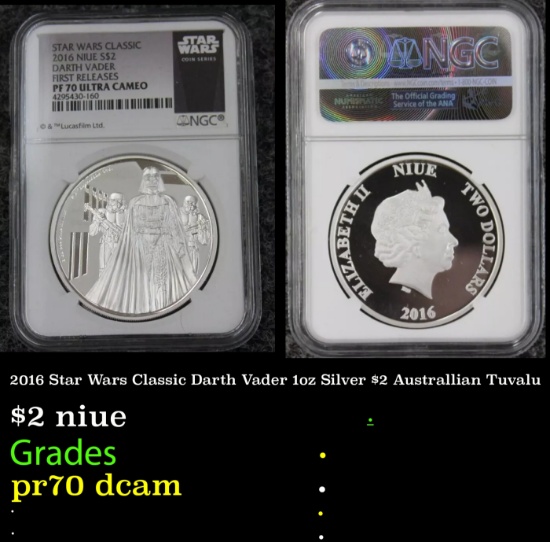 NGC  2016 Star Wars Classic Darth Vader 1oz Silver $2 Australlian Tuvalu Proof pr70 dcam NGC