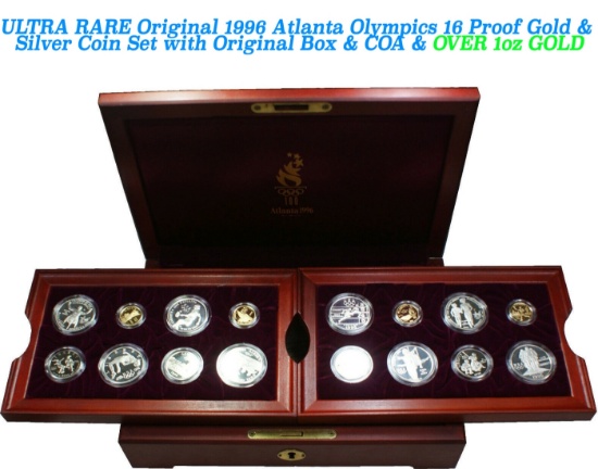 ***Major Highlight*** ULTRA RARE Original 1996 Atlanta Olympics 16 Proof Gold & Silver Coin Set with