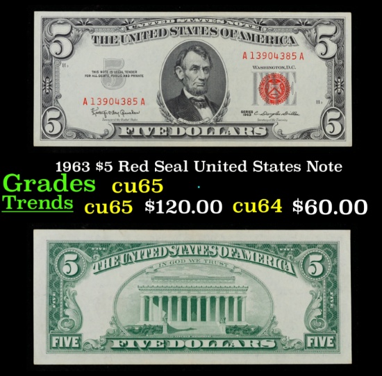 1963 $5 Red Seal United States Note Grades Gem CU