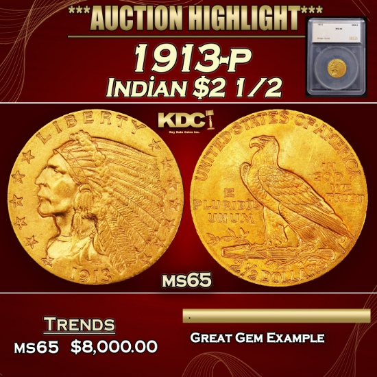 *Highlight* 1913-p Gold Indian Quarter Eagle $2 1/2 ms65 SEGS (fc)