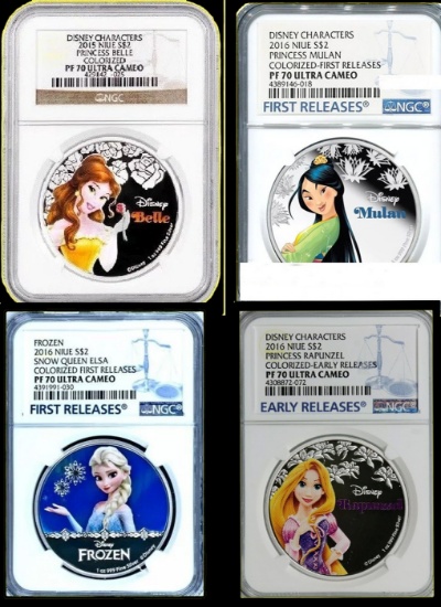 ***Major Highlight*** NGC  2015-2016 4 Silver Coin DISNEY PRINCESSES SET Belle. Rapunzle, Mulan, Els