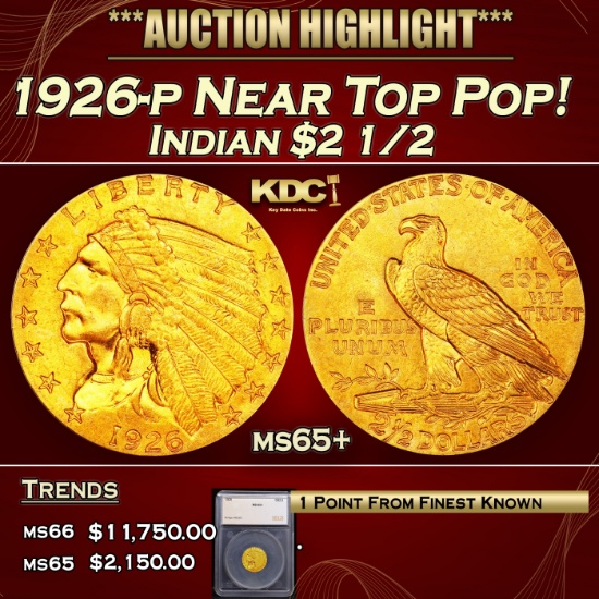 *Highlight* 1926-p Gold Indian Quarter Eagle Near Top Pop! $2 1/2 ms65+ SEGS (fc)