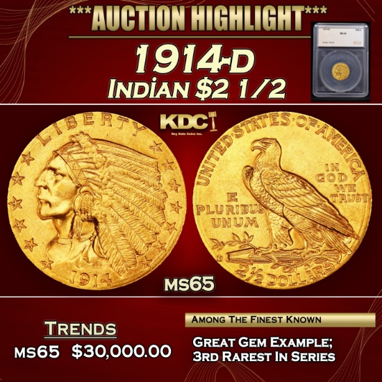 *Highlight* 1914-d Gold Indian Quarter Eagle $2 1/2 ms65 SEGS (fc)