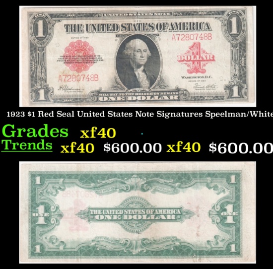 1923 $1 Red Seal United States Note Grades xf Signatures Speelman/White