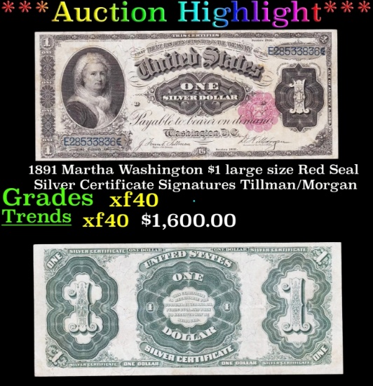 *Highlight* 1891 Martha Washington $1 large size Red Seal Silver Certificate Grades xf Signatures Ti