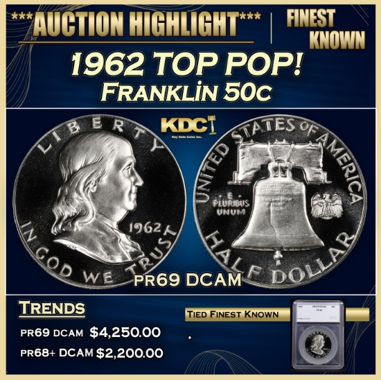 *Highlight* 1962 Proof Franklin Half Dollar TOP POP! 50c pr69 DCAM SEGS (fc)