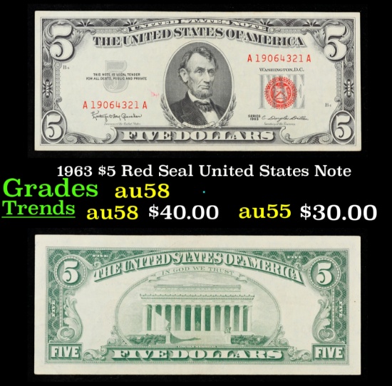 1963 $5 Red Seal United States Note Grades Choice AU/BU Slider