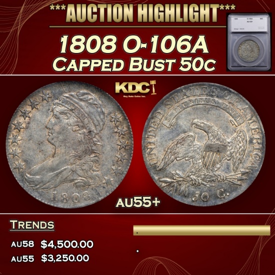 *Highlight* 1808 Capped Bust Half Dollar O-106A 50c au55+ SEGS (fc)