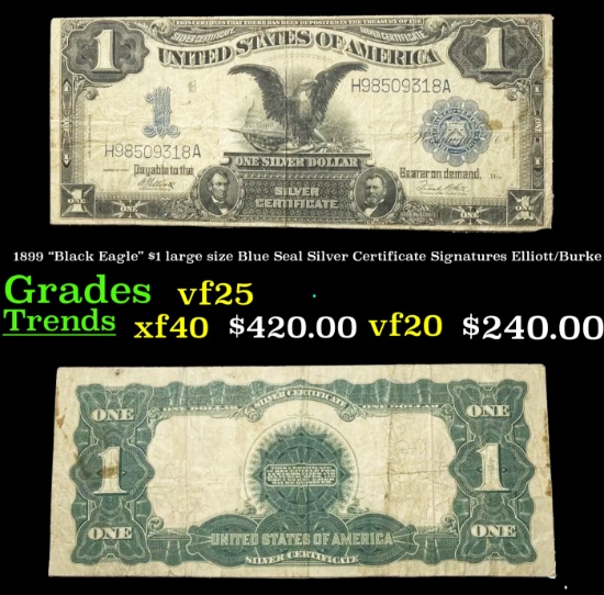 1899 "Black Eagle" $1 large size Blue Seal Silver Certificate Grades vf+ Signatures Elliott/Burke