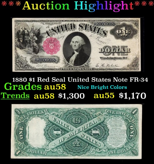 *Highlight* 1880 $1 Red Seal United States Note Grades Choice AU/BU Slider FR-34 (fc)