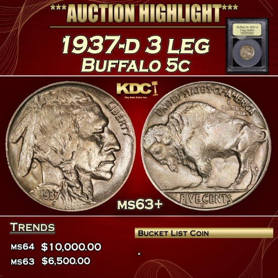 *Highlight* 1937-d 3 leg Buffalo Nickel 5c Select+ Unc USCG (fc)