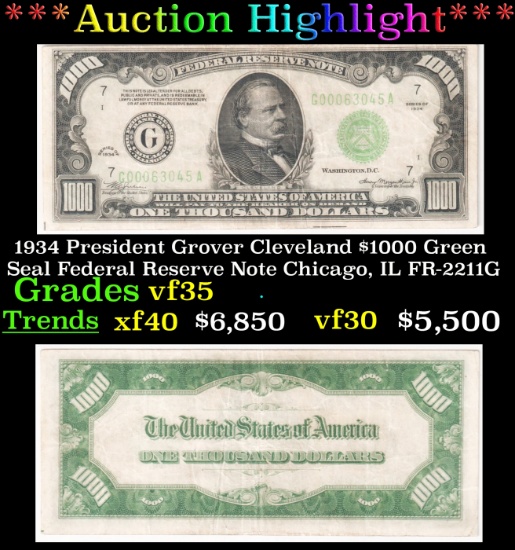 *Highlight* 1934 President Grover Cleveland $1000 Green Seal Federal Reserve Note Chicago, IL Grades