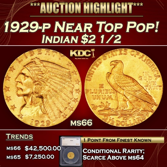 *Highlight* 1929-p Gold Indian Quarter Eagle Near Top Pop! $2 1/2 ms66 SEGS (fc)