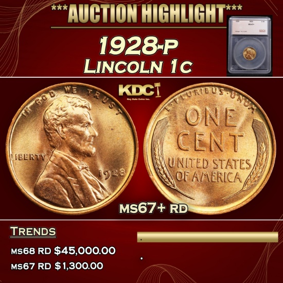 *Highlight* 1928-p Lincoln Cent 1c ms67+ rd SEGS (fc)