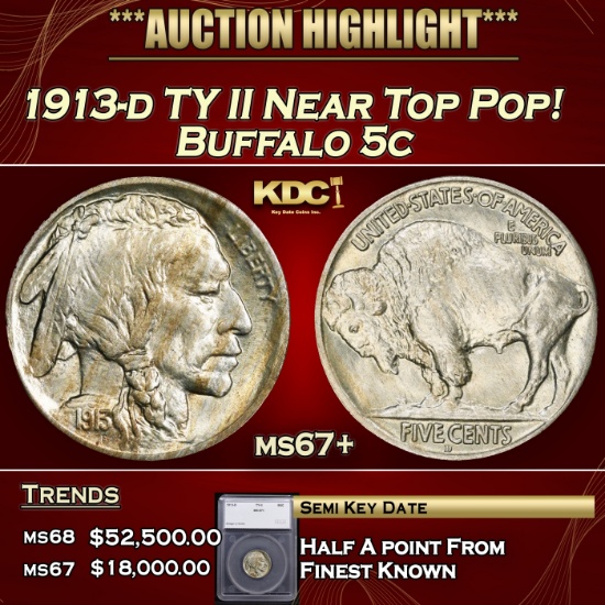 *Highlight* 1913-d TY II Buffalo Nickel Near Top Pop! 5c ms67+ SEGS (fc)