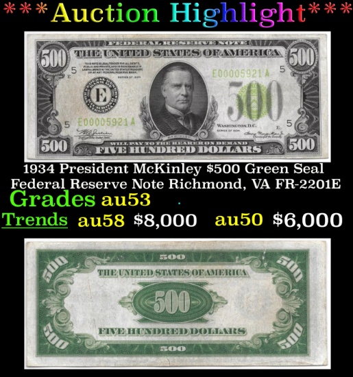 *Highlight* 1934 President McKinley $500 Green Seal Federal Reserve Note Richmond, VA Grades Select