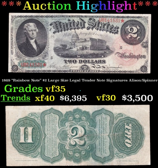 *Highlight* 1869 "Rainbow Note" $2 Large Size Legal Tender Note Grades vf++ Signatures Alison/Spinne
