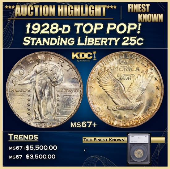 *Highlight* 1928-d Standing Liberty Quarter TOP POP! 25c ms67+ SEGS (fc)