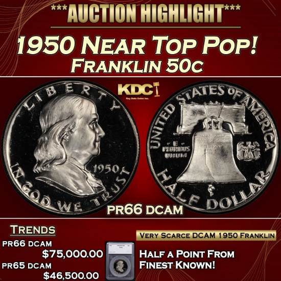 *Highlight* 1950 Proof Franklin Half Dollar Near Top Pop! 50c pr66 dcam SEGS (fc)