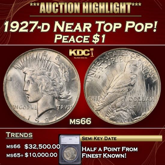 *Highlight* 1927-d Peace Dollar Near Top Pop! $1 ms66 SEGS (fc)