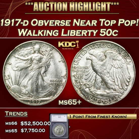 *Highlight* 1917-d Obverse Walking Liberty Half Dollar Near Top Pop! 50c ms65+ SEGS (fc)