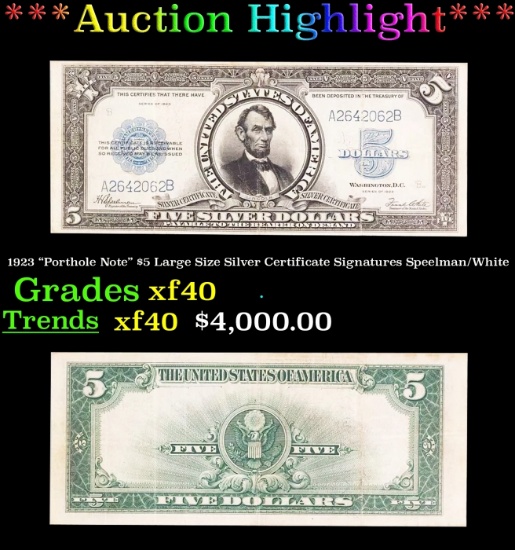 *Highlight* 1923 "Porthole Note" $5 Large Size Silver Certificate Grades xf Signatures Speelman/Whit