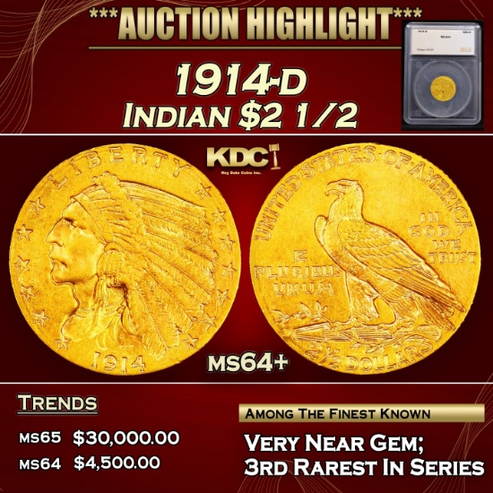 *Highlight* 1914-d Gold Indian Quarter Eagle $2 1/2 ms64+ SEGS (fc)