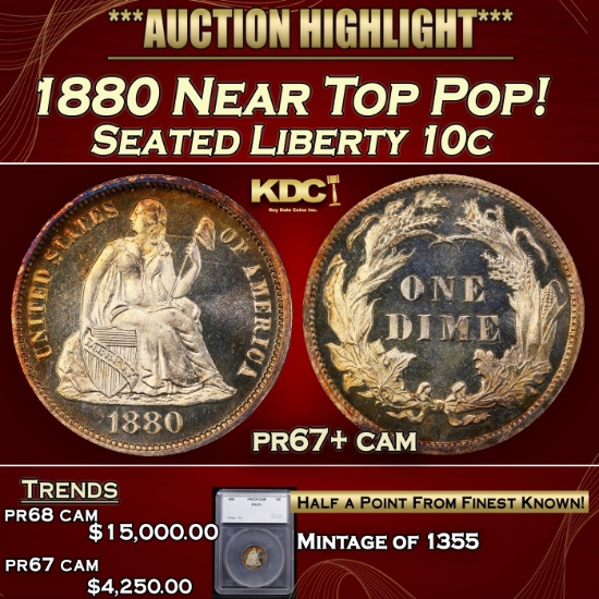 *Highlight* 1880 Proof Seated Liberty Dime Near Top Pop! 10c pr67+ cam SEGS (fc)