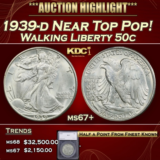*Highlight* 1939-d Walking Liberty Half Dollar Near Top Pop! 50c ms67+ SEGS (fc)