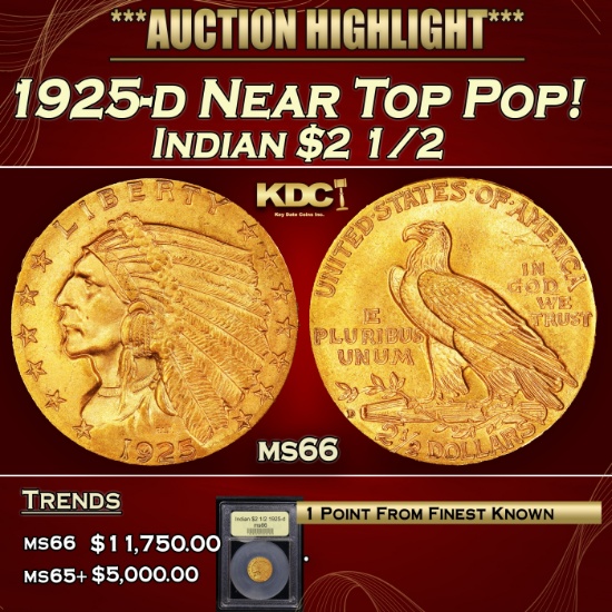 *Highlight* 1925-d Gold Indian Quarter Eagle Near Top Pop! $2 1/2 GEM+ Unc USCG (fc)