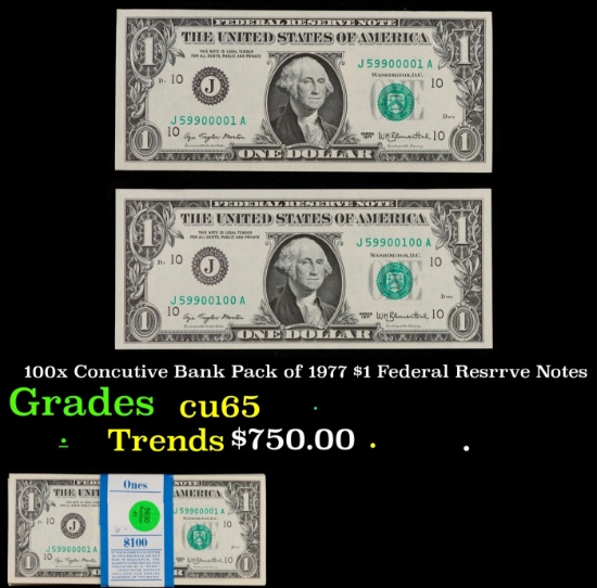 100x Consecutive Bank Pack of 1977 $1 Federal Reserve Notes $1 Green Seal Federal Reserve Note
